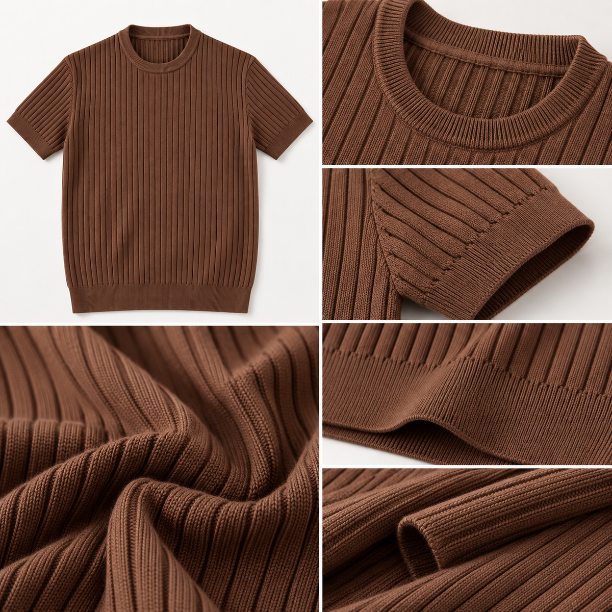 Chocolate Brown Ribbed Knit Short-Sleeve T-Shirt