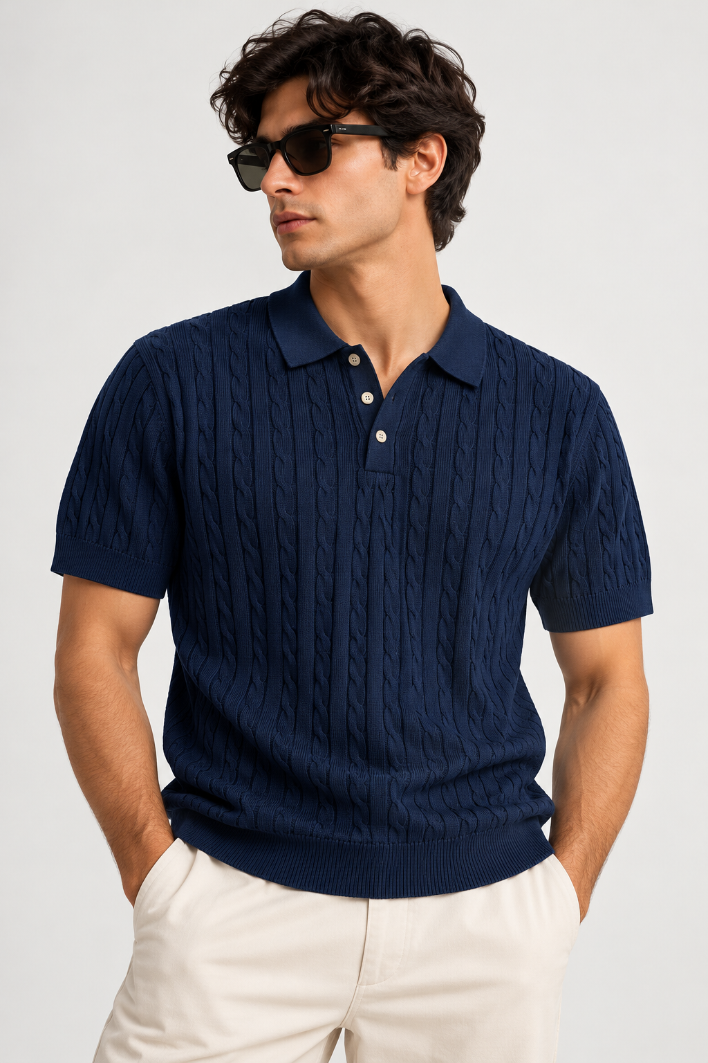 COS Men’s Navy Blue Cable Knit Polo T-Shirt- Size L