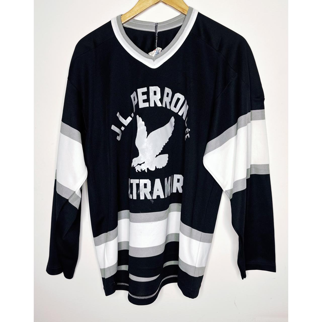 J.L. PERRON ULTRANE BLACK & WHITE LONG SLEEVE HOCKEY JERSEY – VINTAGE STYLE SIZE XL