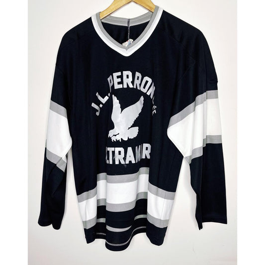 J.L. PERRON ULTRANE BLACK & WHITE LONG SLEEVE HOCKEY JERSEY – VINTAGE STYLE SIZE XL