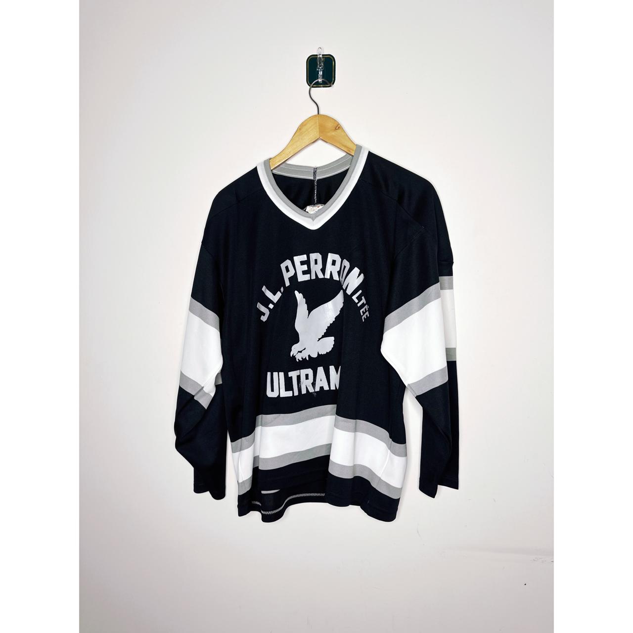 J.L. PERRON ULTRANE BLACK & WHITE LONG SLEEVE HOCKEY JERSEY – VINTAGE STYLE SIZE XL