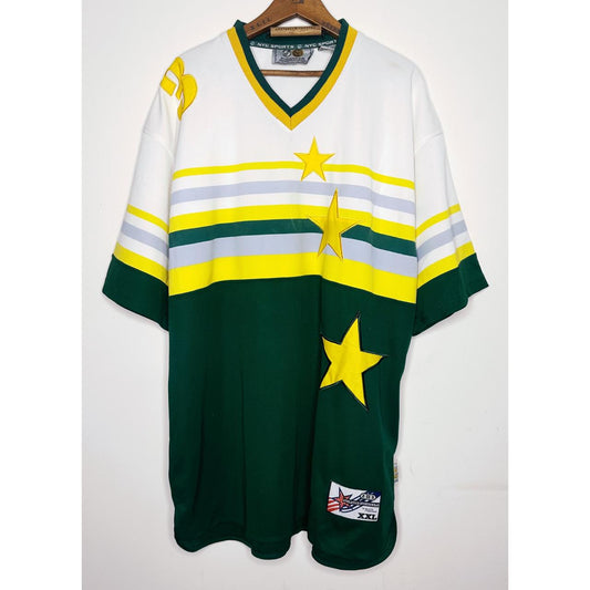 VINTAGE NYC SPORTS 2XL JERSEY – GREEN, WHITE & YELLOW STAR DESIGN – RETRO OVERSIZED STREETWEAR SHIRT