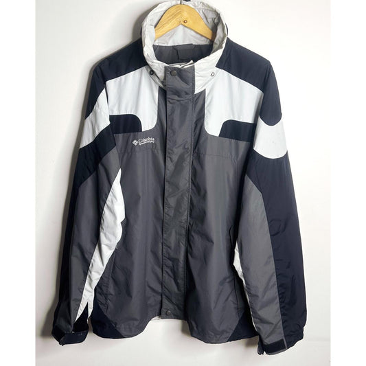 COLUMBIA MEN'S BLACK AND GRAY COLORBLOCK WINDBREAKER JACKET WITH HIGH COLLAR SIZE 2XL