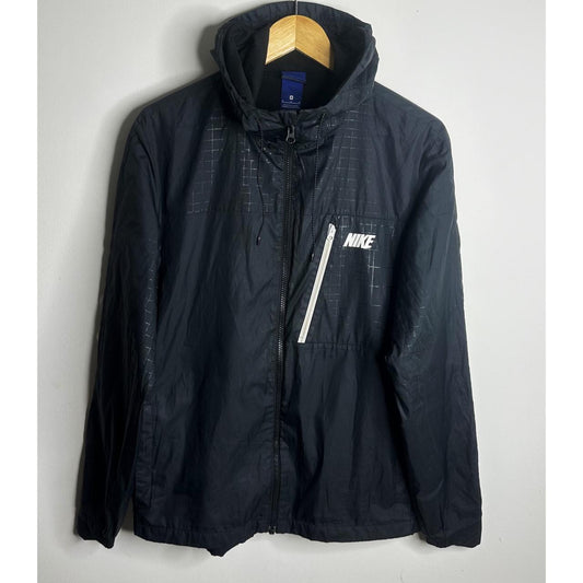 NIKE MEN'S BLACK HOODED WINDBREAKER JACKET WITH WHITE CHEST ZIP POCKET SIZE M