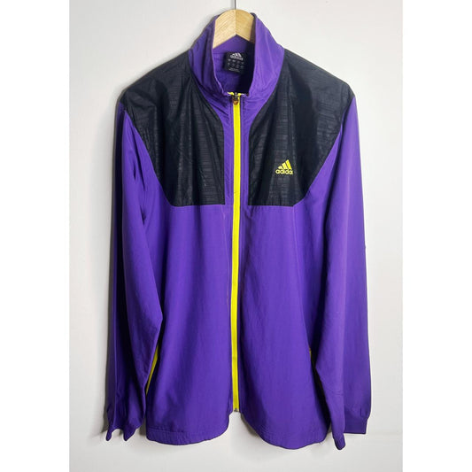 ADIDAS PURPLE AND BLACK FULL-ZIP JACKET WITH YELLOW ACCENTS SIZE XL