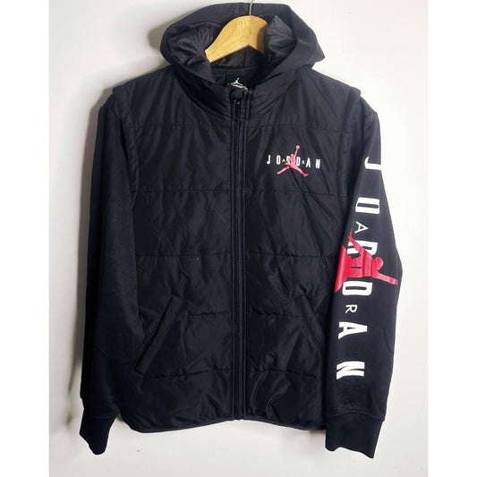 BLACK JORDAN HOODED JACKET WITH FRONT ZIP AND SLEEVE LOGO PRINT SIZE S