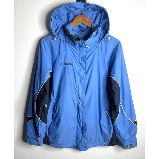 COLUMBIA SPORTSWEAR COMPANY MEN'S  BLUE HOODED INTERCHANGE JACKET WITH BLACK AND WHITE TRIM