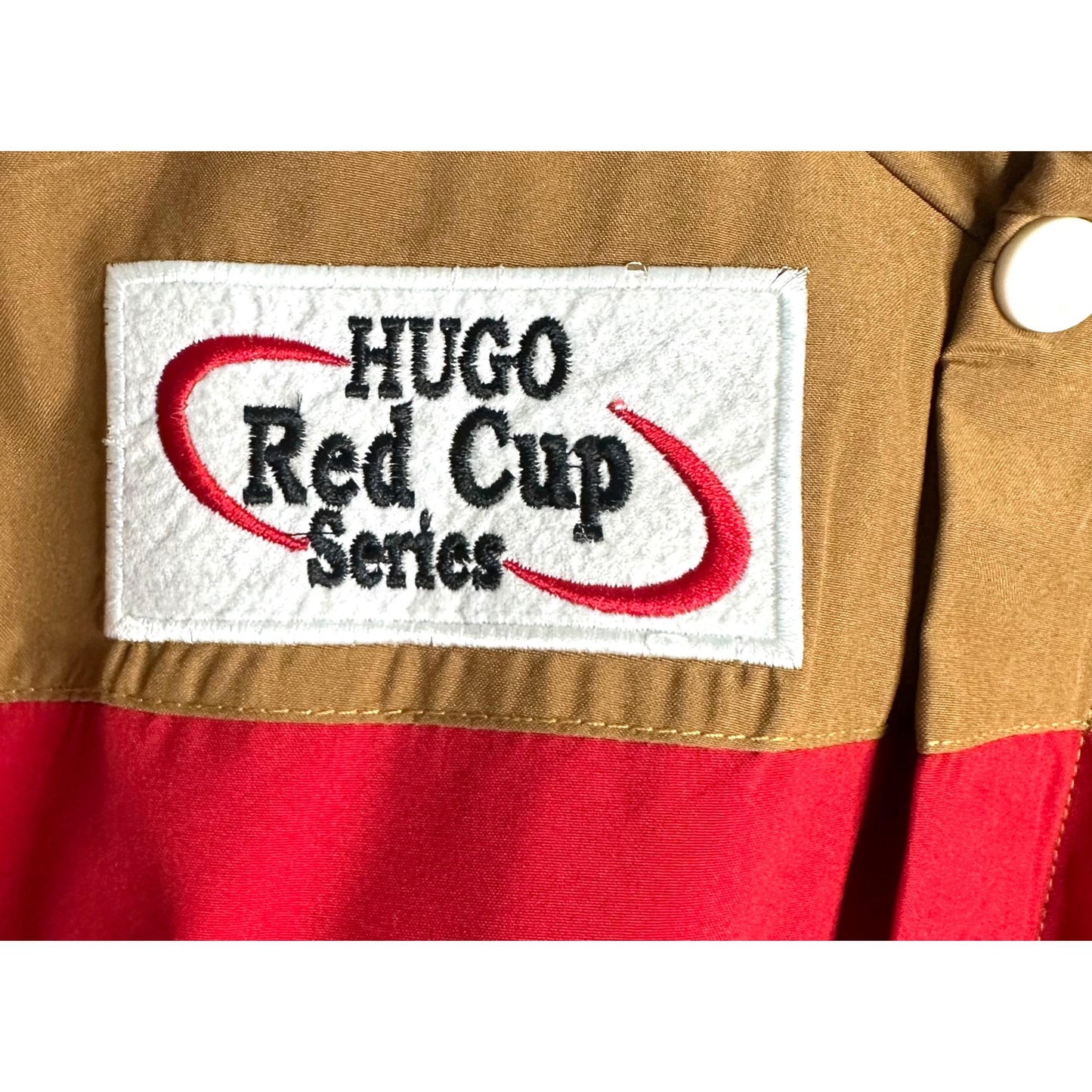 Luxury Hugo Boss Racing Jacket – Red with Brown & Black Panels | Water-Resistant Finish