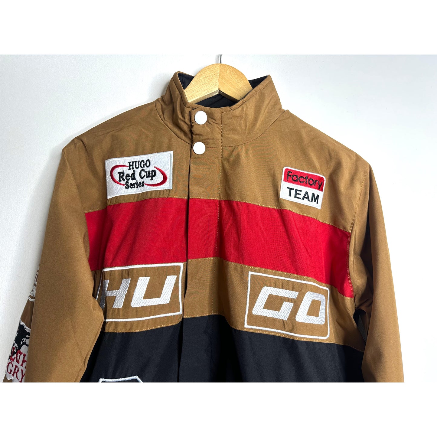 Luxury Hugo Boss Racing Jacket – Red with Brown & Black Panels | Water-Resistant Finish