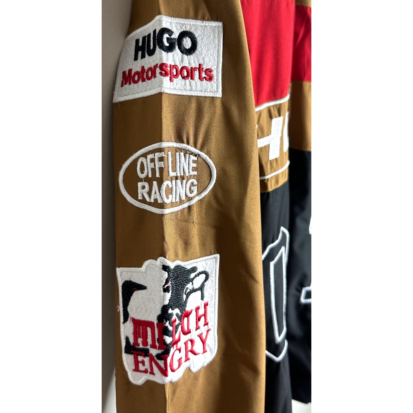 Luxury Hugo Boss Racing Jacket – Red with Brown & Black Panels | Water-Resistant Finish