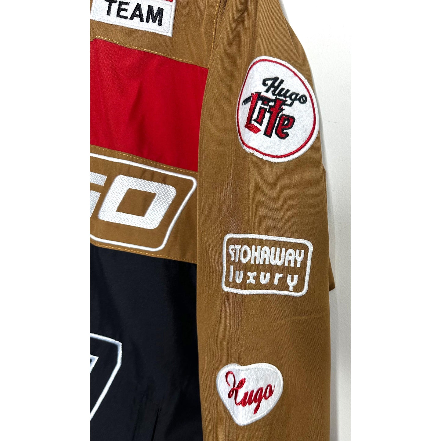 Luxury Hugo Boss Racing Jacket – Red with Brown & Black Panels | Water-Resistant Finish