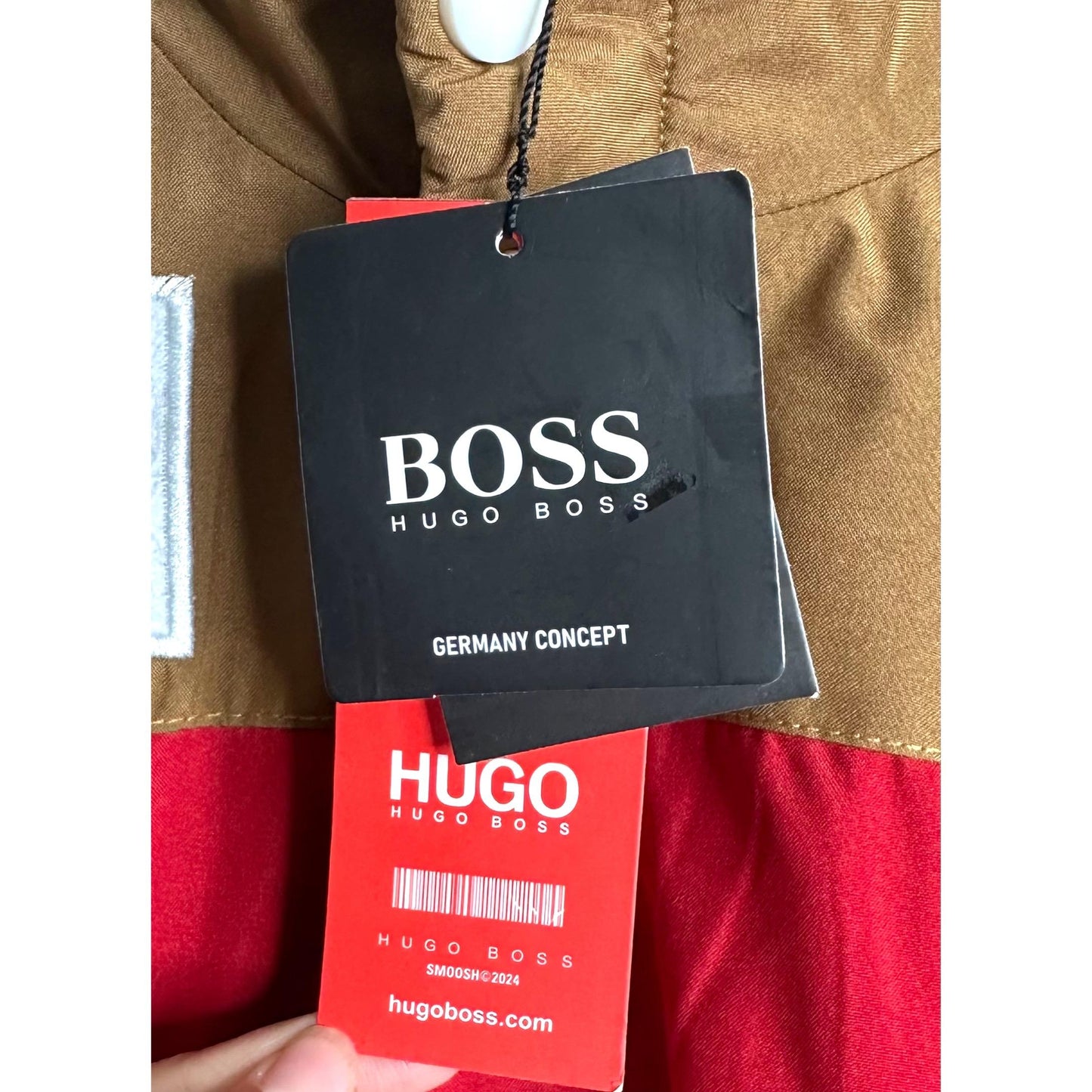 Luxury Hugo Boss Racing Jacket – Red with Brown & Black Panels | Water-Resistant Finish