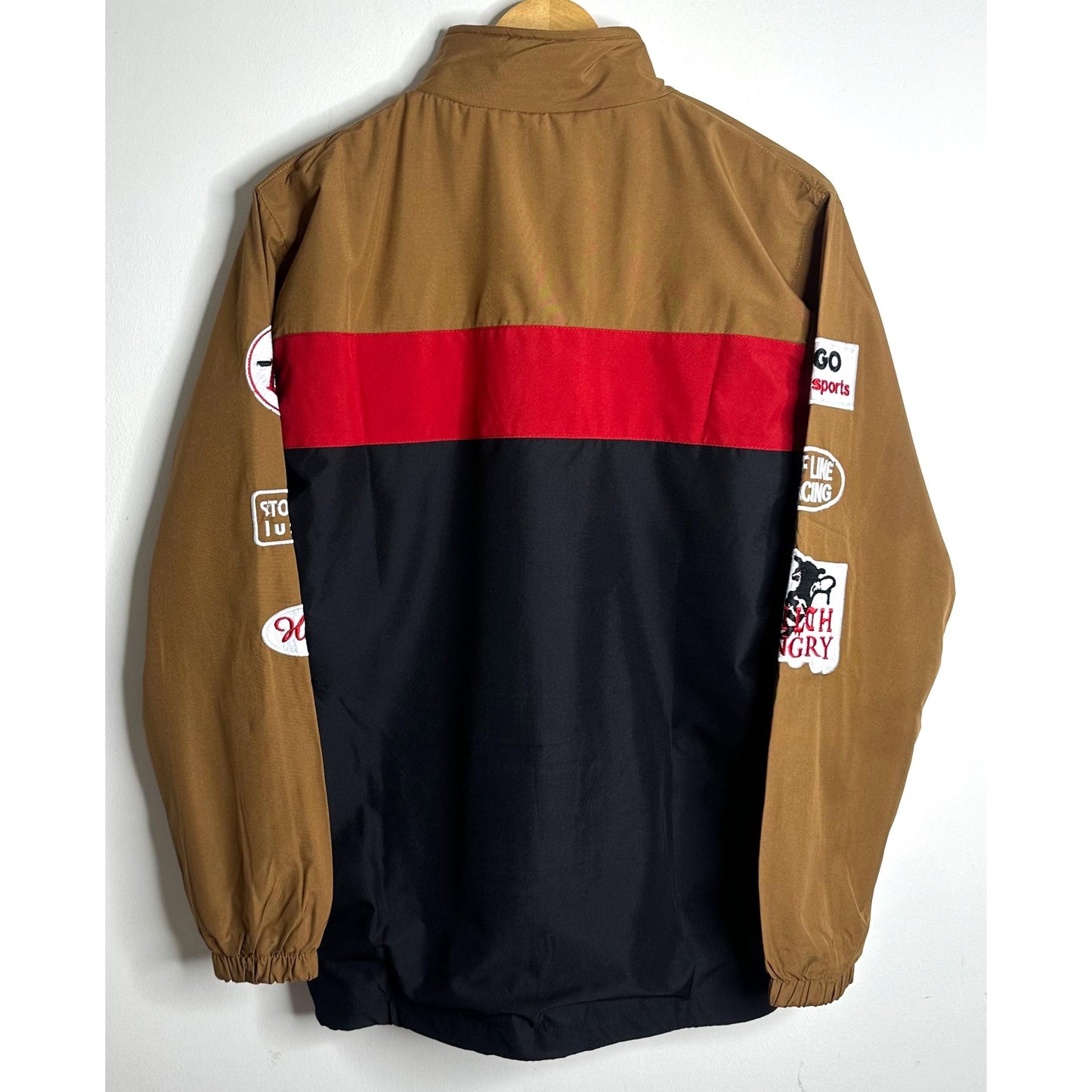 Luxury Hugo Boss Racing Jacket – Red with Brown & Black Panels | Water-Resistant Finish