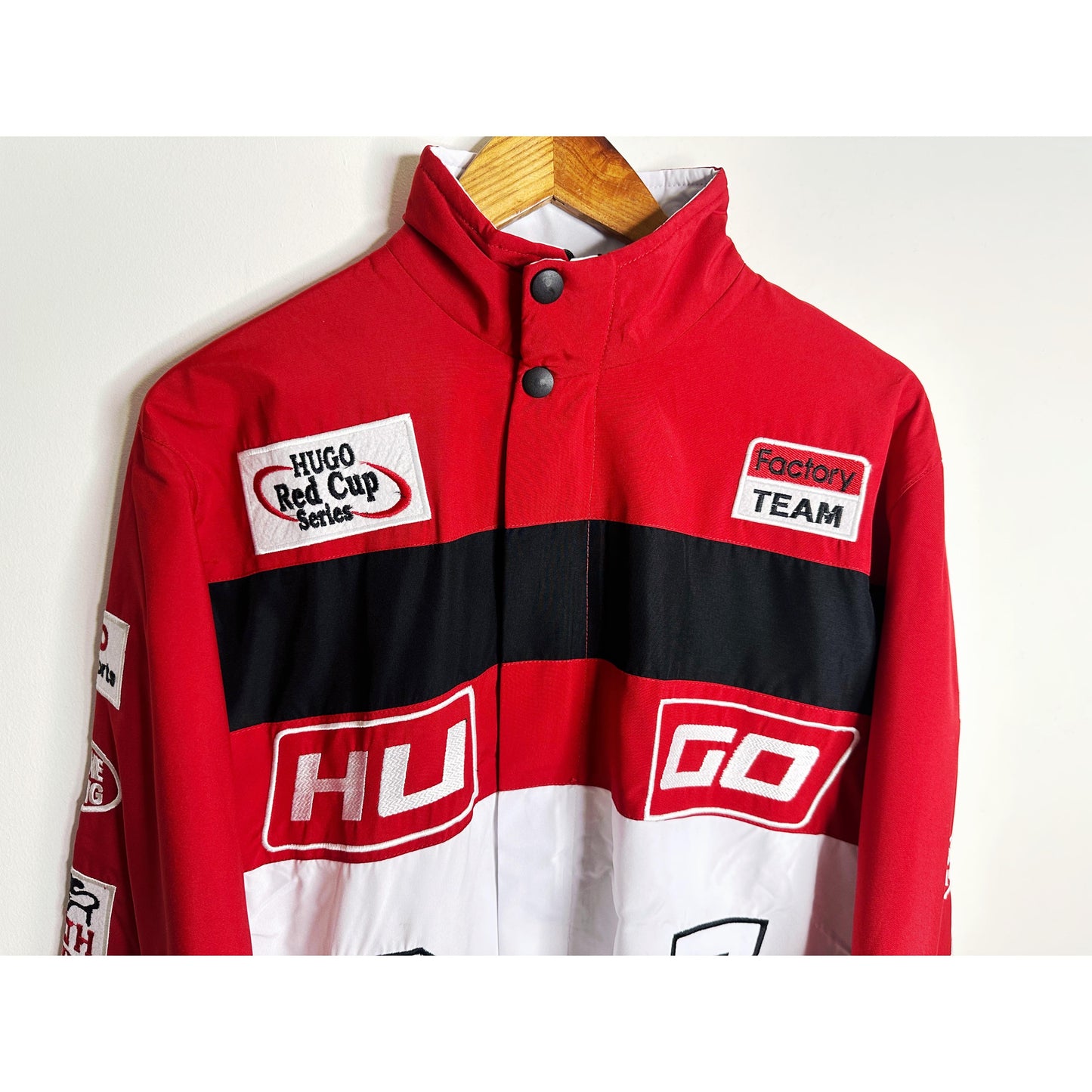 Luxury Hugo Boss Racing Jacket – Red with Black & White Panels | Water-Resistant Finish