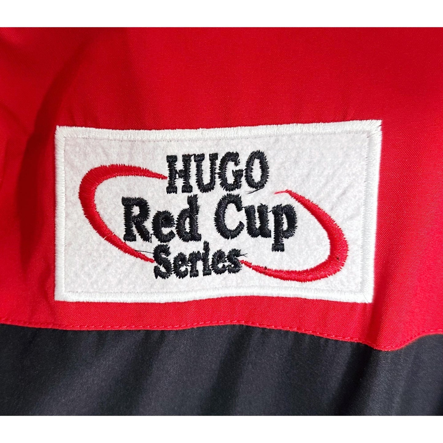 Luxury Hugo Boss Racing Jacket – Red with Black & White Panels | Water-Resistant Finish