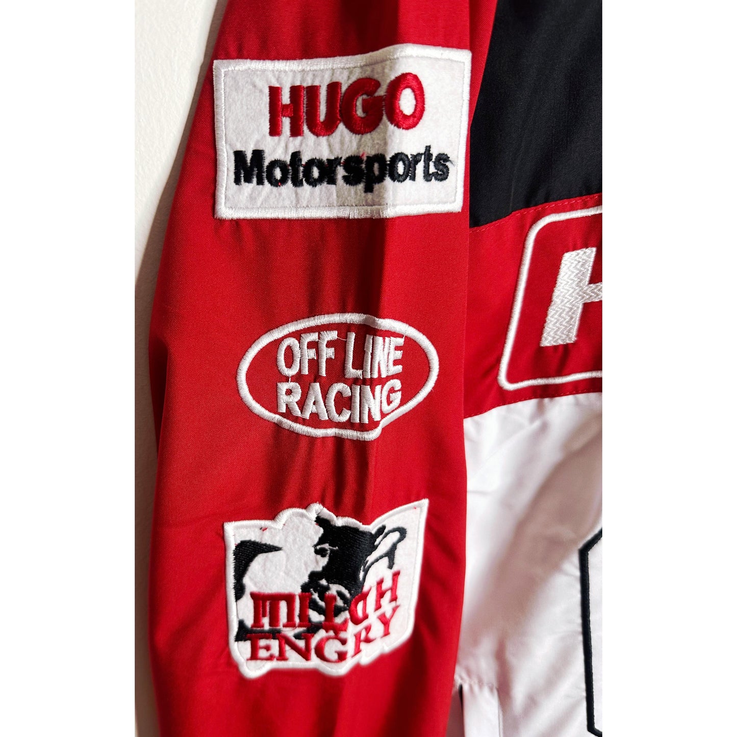 Luxury Hugo Boss Racing Jacket – Red with Black & White Panels | Water-Resistant Finish