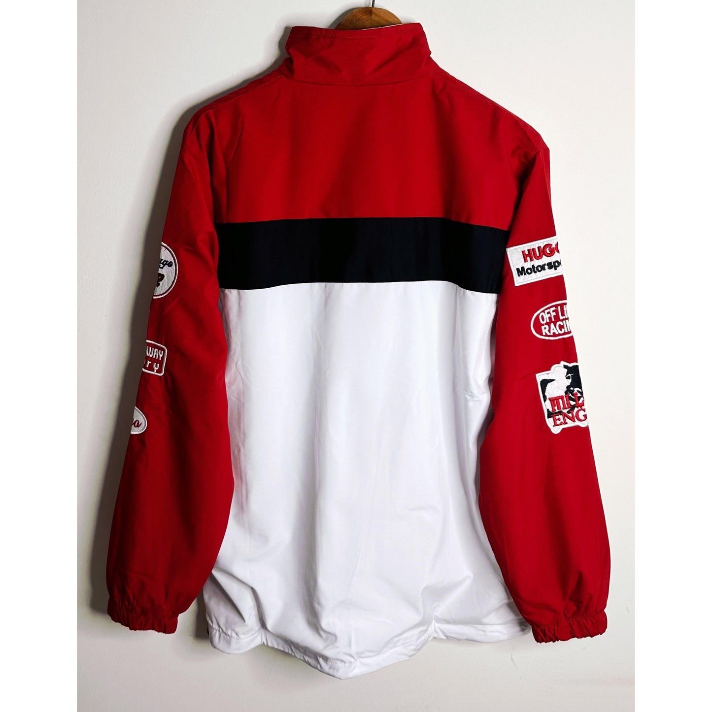 Luxury Hugo Boss Racing Jacket – Red with Black & White Panels | Water-Resistant Finish