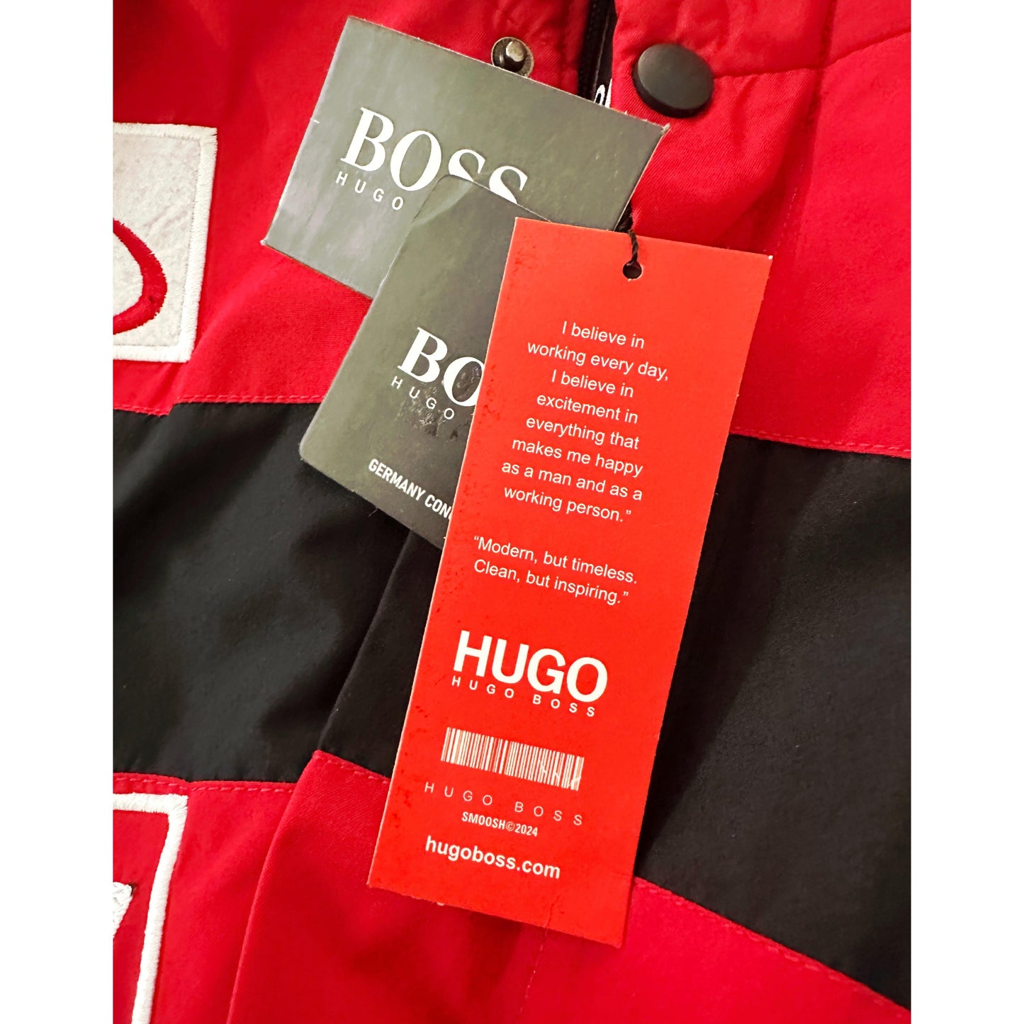 Luxury Hugo Boss Racing Jacket – Red with Black & White Panels | Water-Resistant Finish