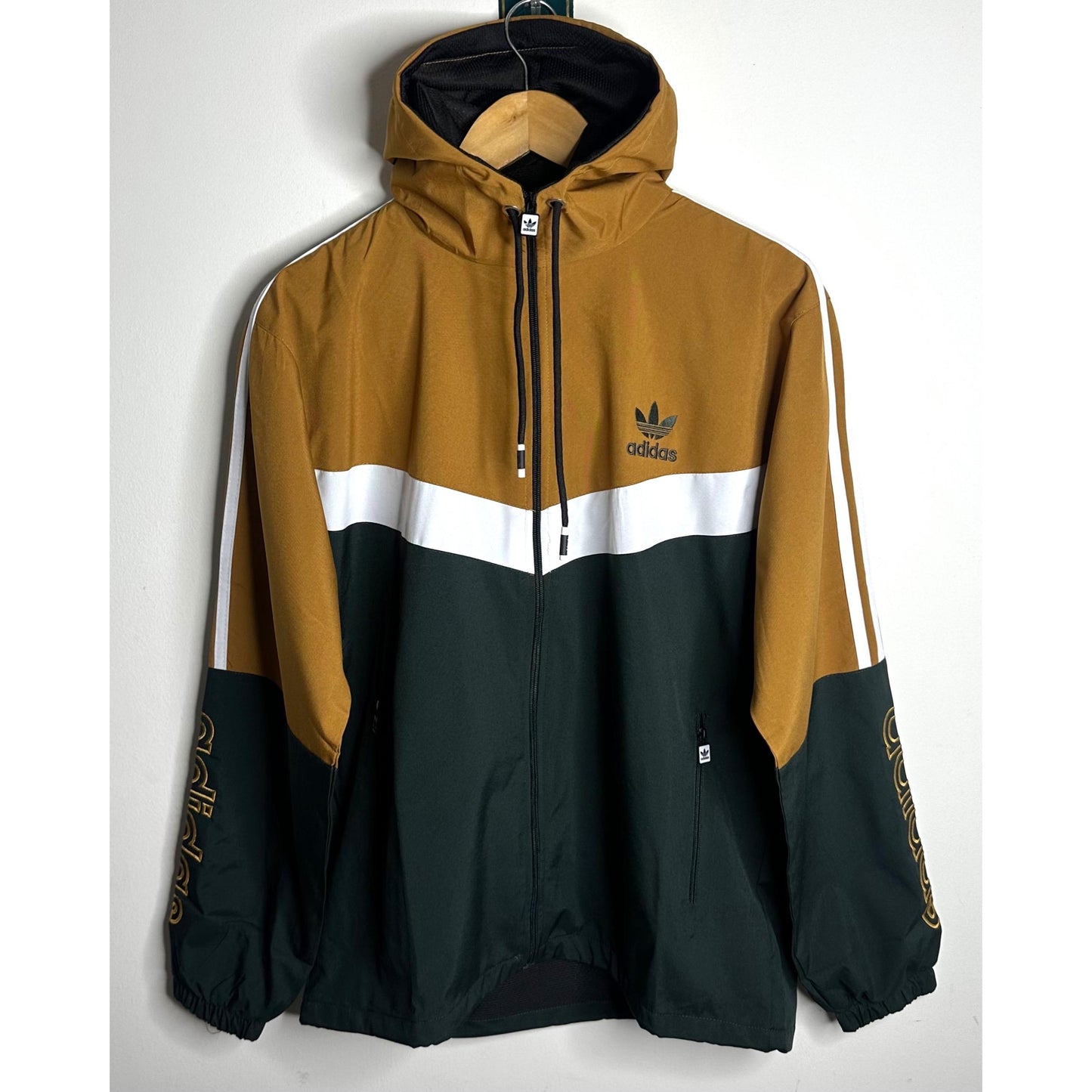 Adidas Originals Water-Resistant Hooded Jacket – Beige, White & Black | Embroidered Logo
