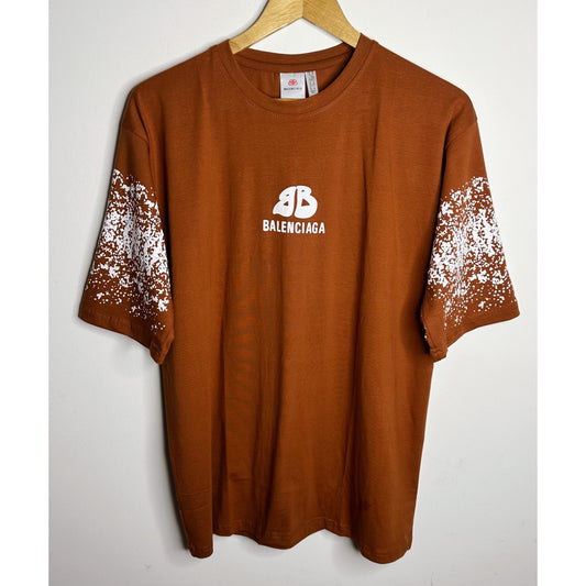 BALENCIAGA MEN’S PREMIUM COTTON T-SHIRT – BROWN MULTICOLOR PRINT | OVERSIZED STREETWEAR STYLE | CASUAL & LUXURY FASHION TEE