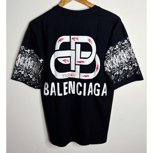 BALENCIAGA MEN’S PREMIUM COTTON T-SHIRT – BLACK MULTICOLOR PRINT | OVERSIZED STREETWEAR STYLE | CASUAL & LUXURY FASHION TEE