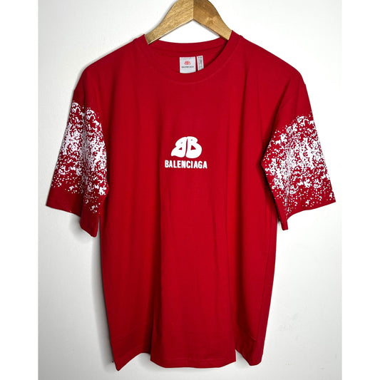BALENCIAGA MEN’S PREMIUM COTTON T-SHIRT – RED MULTICOLOR PRINT | OVERSIZED STREETWEAR STYLE | CASUAL & LUXURY FASHION TEE