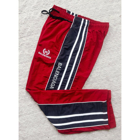 BALENCIAGA MEN'S TRACK PANTS | RED & BLACK SIDE STRIPE JOGGERS | LOGO PRINT| CASUAL SPORTSWEAR