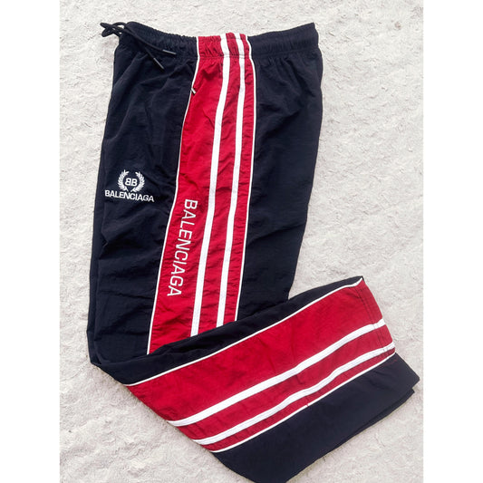 BALENCIAGA MEN'S TRACK PANTS | BLACK & RED SIDE STRIPE JOGGERS | LOGO PRINT  | CASUAL SPORTSWEAR