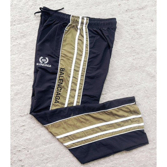BALENCIAGA MEN'S TRACK PANTS | BLACK & BEIGE SIDE STRIPE JOGGERS | LOGO PRINT | CASUAL SPORTSWEAR