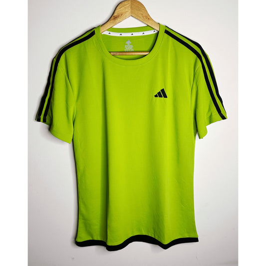 Adidas Signature Lime Green Elite Performance Tee with Dual Black Shoulder Stripes | Premium Activewear Edition