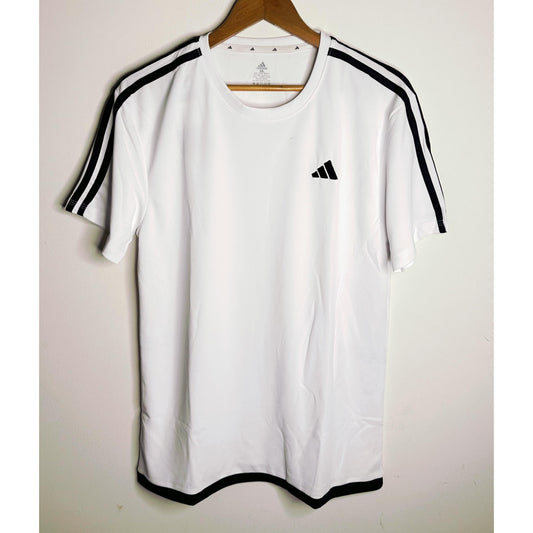 Adidas Signature White Elite Performance Tee with Dual Black Shoulder Stripes | Premium Activewear Edition