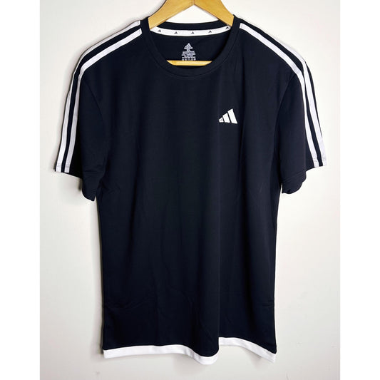 Adidas Signature Black Elite Performance Tee with Dual White Shoulder Stripes | Premium Activewear Edition