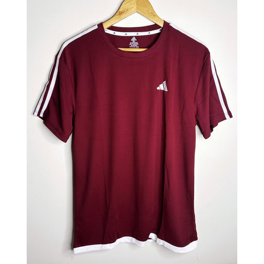 ADIDAS PREMIUM MAROON ATHLETIC TEE – ELITE PERFORMANCE EDITION WITH SIGNATURE WHITE TRIM DETAILING