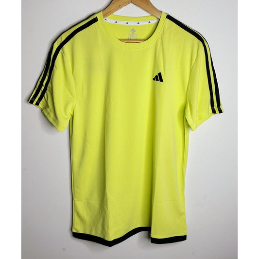 ADIDAS PREMIUM NEON YELLOW PERFORMANCE TEE – ELITE SPORT EDITION WITH BLACK SIGNATURE STRIPED DETAILING