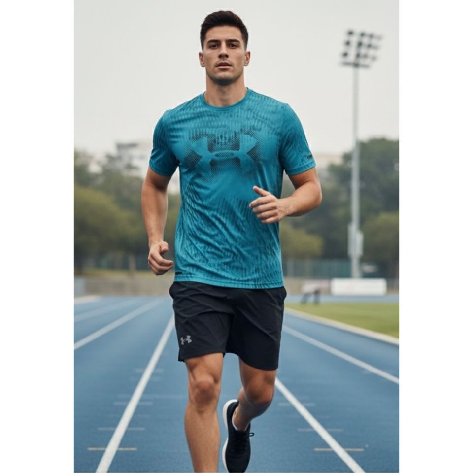 UNDER ARMOUR MEN'S ELITE PERFORMANCE TECH T-SHIRT | TEAL BLUE GRAPHIC PRINT | SHORT SLEEVE, MOISTURE-WICKING, QUICK-DRY | TRAINING & RUNNING