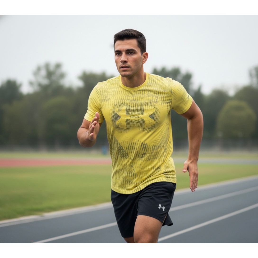 UNDER ARMOUR MEN'S ELITE PERFORMANCE TECH T-SHIRT | YELLOW GRAPHIC PRINT | SHORT SLEEVE, MOISTURE-WICKING, QUICK-DRY | TRAINING & RUNNING