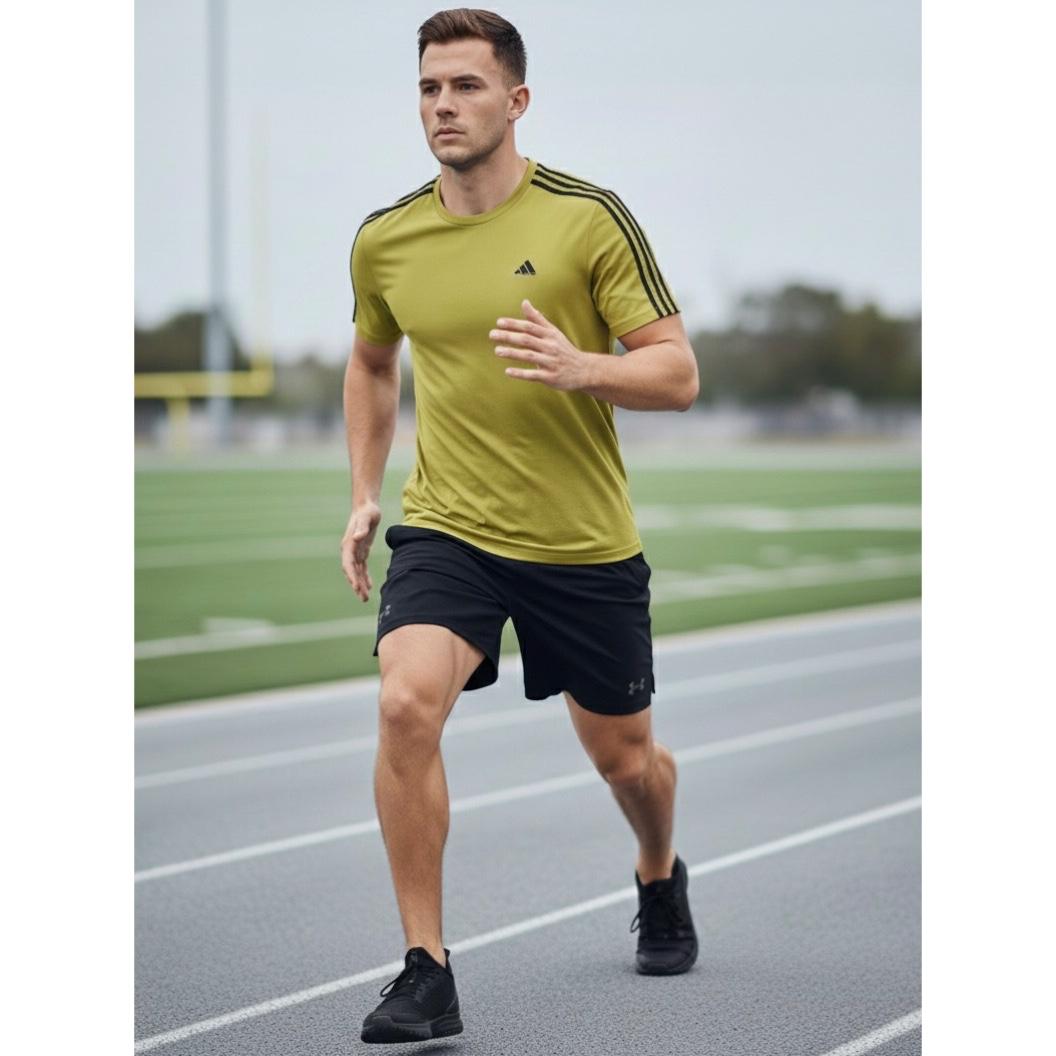 ADIDAS Signature brush gold Performance Tee with Contrast Dual-Stripe Shoulders | Ultra-Breathable Flex Fabric | Premium Activewear Edition