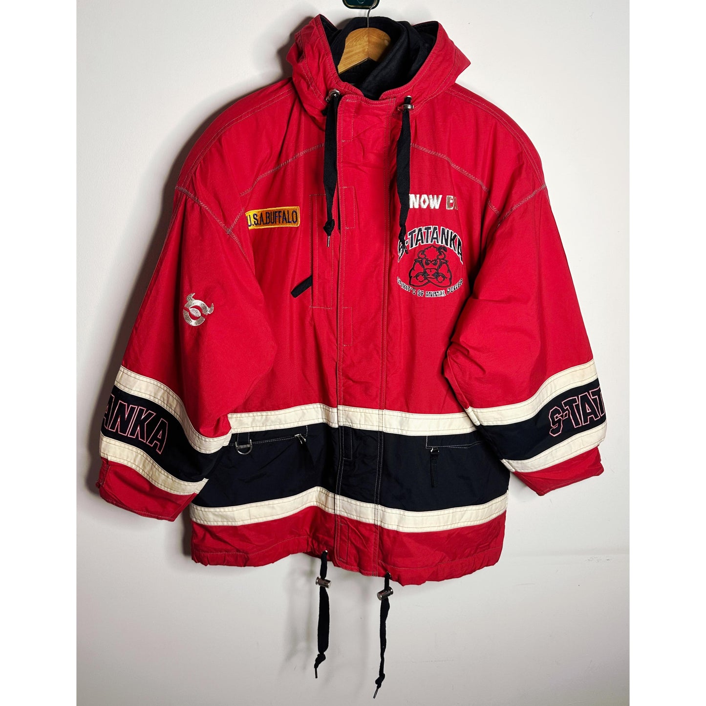 S-Tatanka Snow Express Premium Vintage Ski Parka – ‘Spirit of Animal Power’ Embroidered Red Jacket”