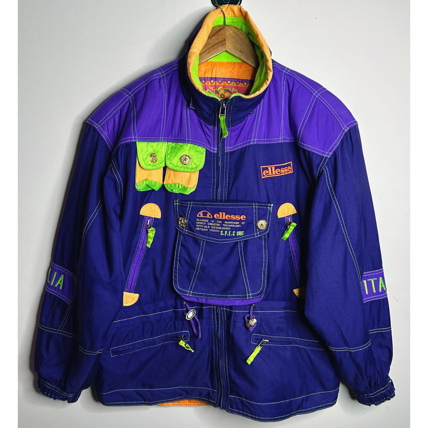 Ellesse Original Vintage Ski Jacket – Royal Blue Insulated Winter Wear with Neon Detailing | Retro Italian Luxury Sportswear Collectible