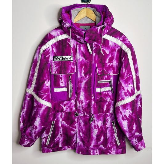 Vintage "Snow Island" Ski Jacket / Snowboard Jacket - Magenta Tie-Dye Print
