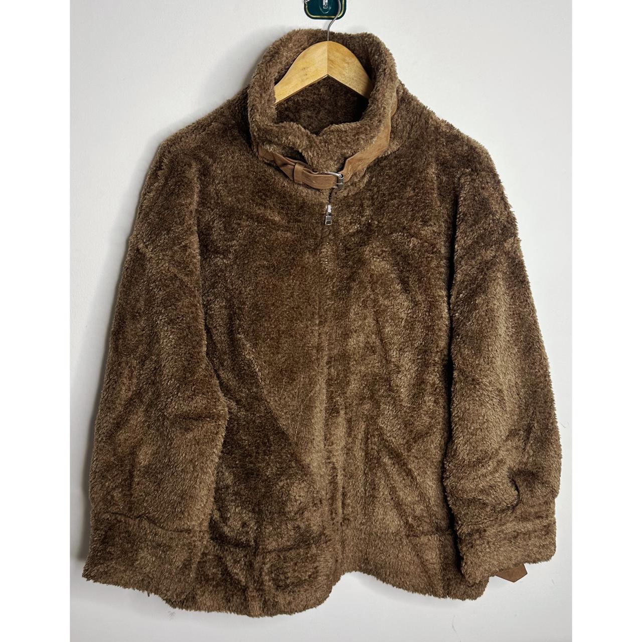 Brown Faux-Fur Full-Zip Jacket with Belted Stand Collar