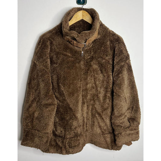 Brown Faux-Fur Full-Zip Jacket with Belted Stand Collar