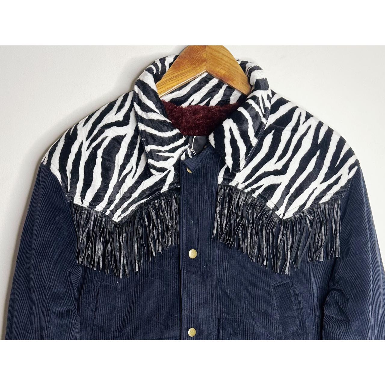 STYLENANDA Navy Corduroy Zebra Print Fringe Western Jacket