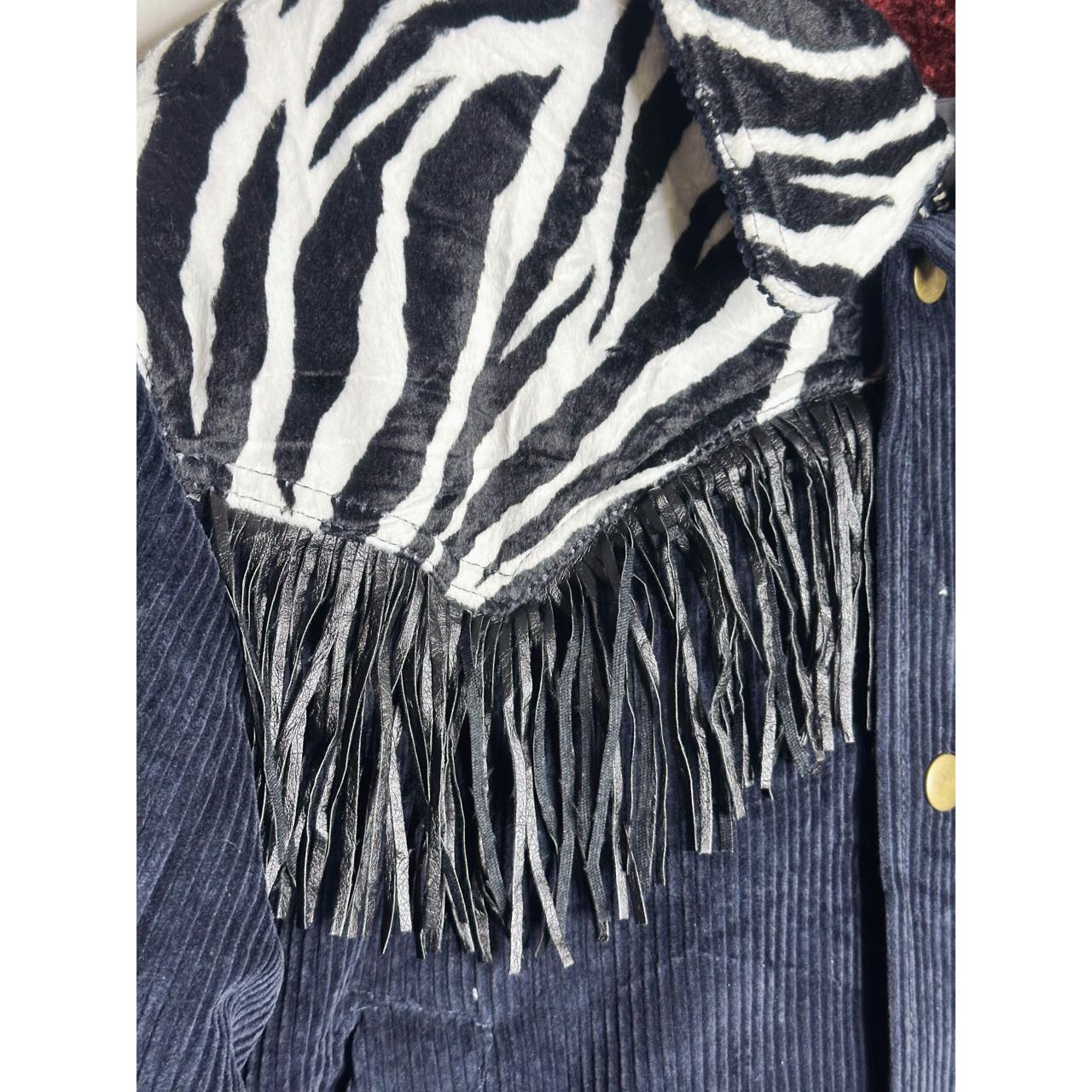 STYLENANDA Navy Corduroy Zebra Print Fringe Western Jacket