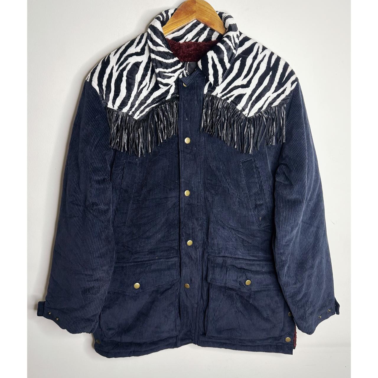 STYLENANDA Navy Corduroy Zebra Print Fringe Western Jacket