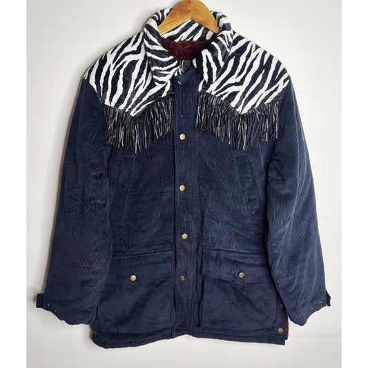 STYLENANDA Navy Corduroy Zebra Print Fringe Western Jacket