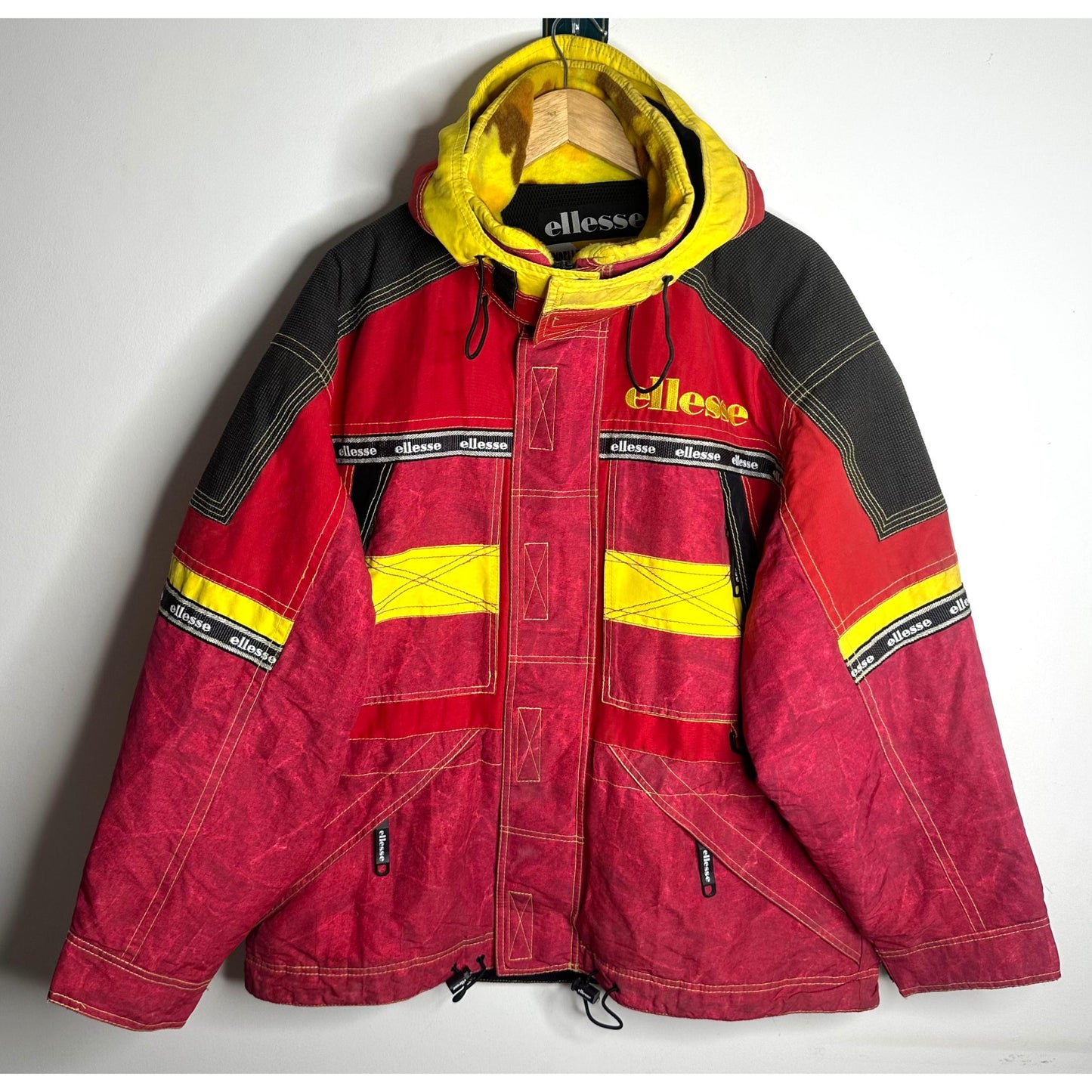 Ellesse "Excellent Equipments For Adventure Skiers" Red & Yellow Hooded Ski Jacket