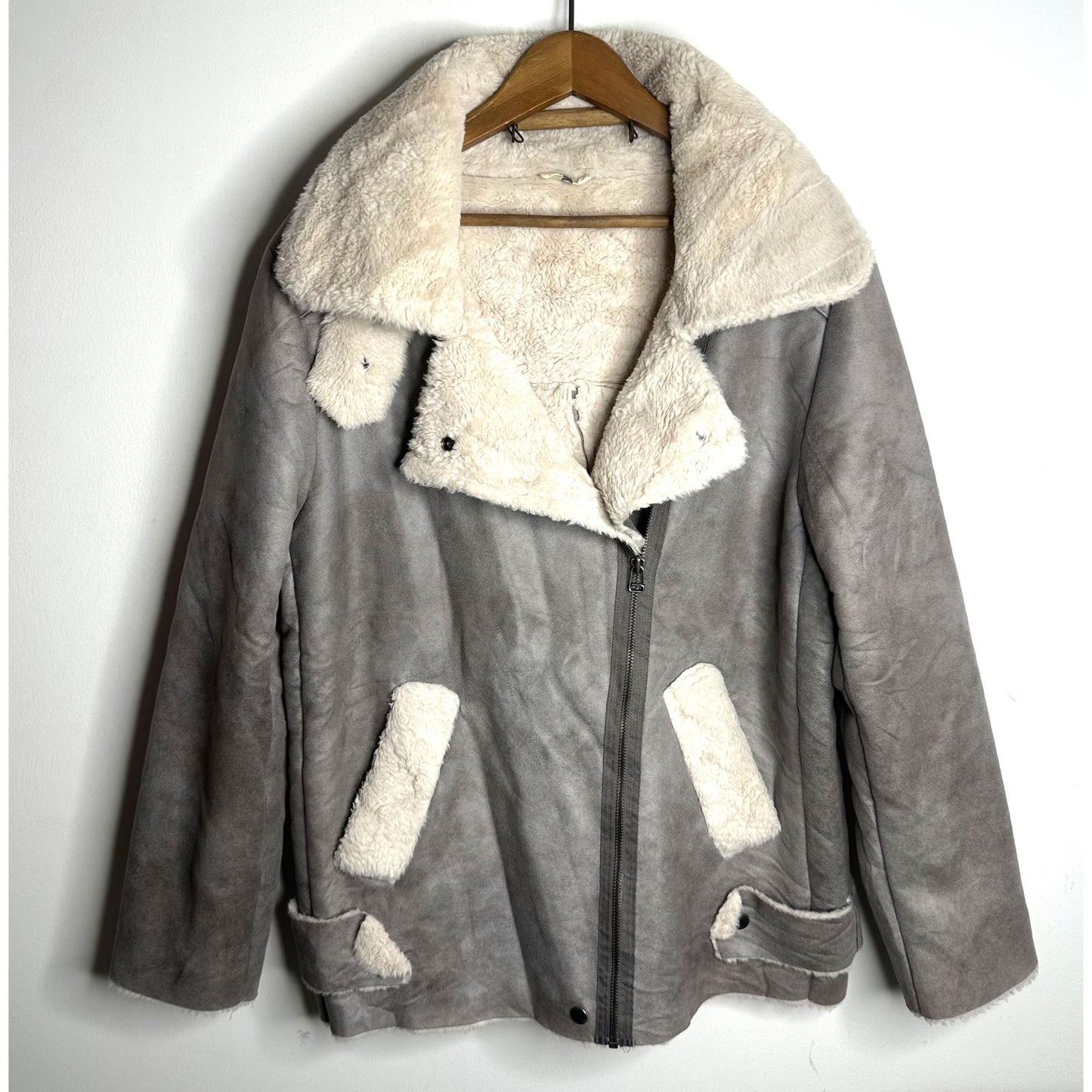 Faux Suede Shearling-Lined Aviator Biker Jacket in Grey and Cream