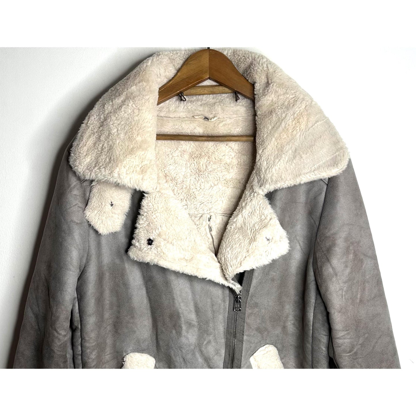 Faux Suede Shearling-Lined Aviator Biker Jacket in Grey and Cream