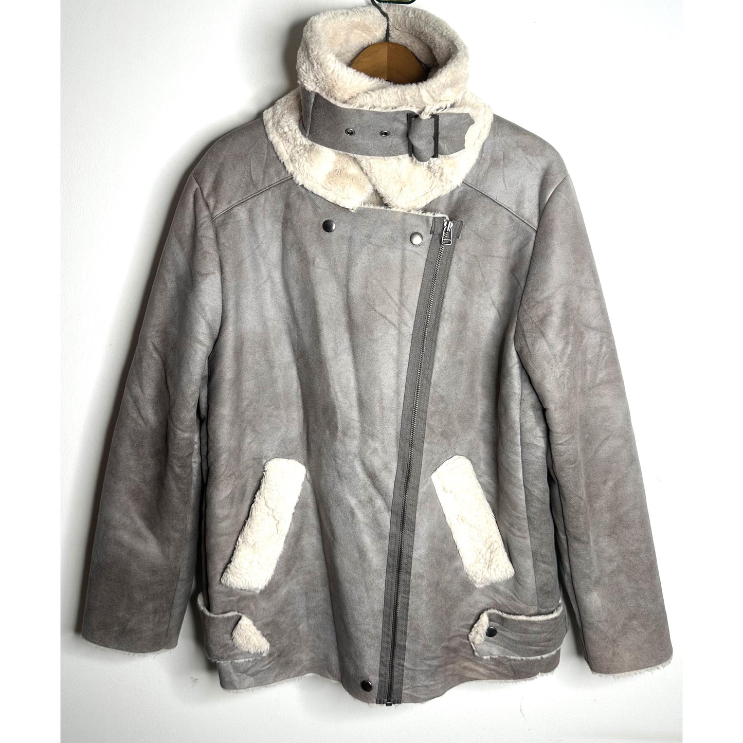 Faux Suede Shearling-Lined Aviator Biker Jacket in Grey and Cream